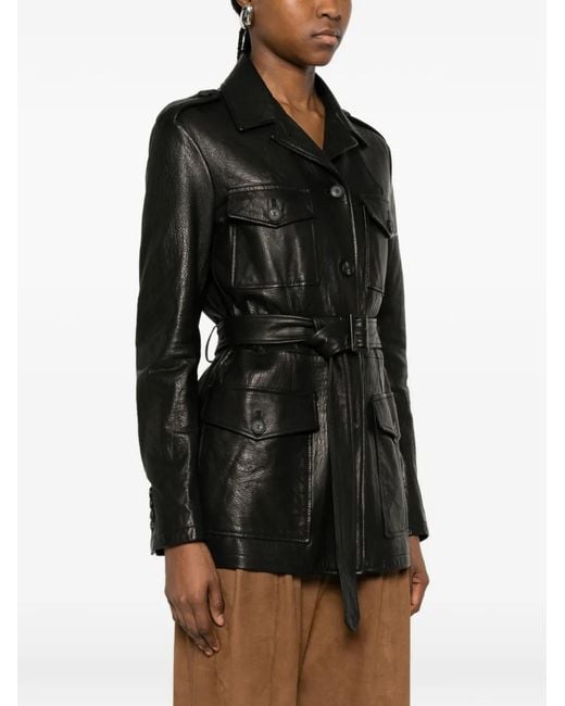 Tagliatore Black Belted Button-Fastening Leather Jacket