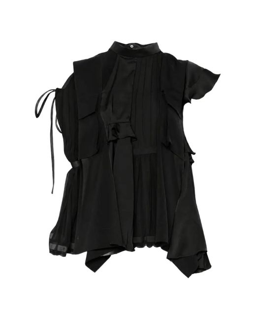 Sacai Black Ruffled Asymmetric-Hem Top