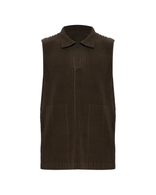 Homme Plissé Issey Miyake Brown Sleeveless Pleated Polo Shirt for men
