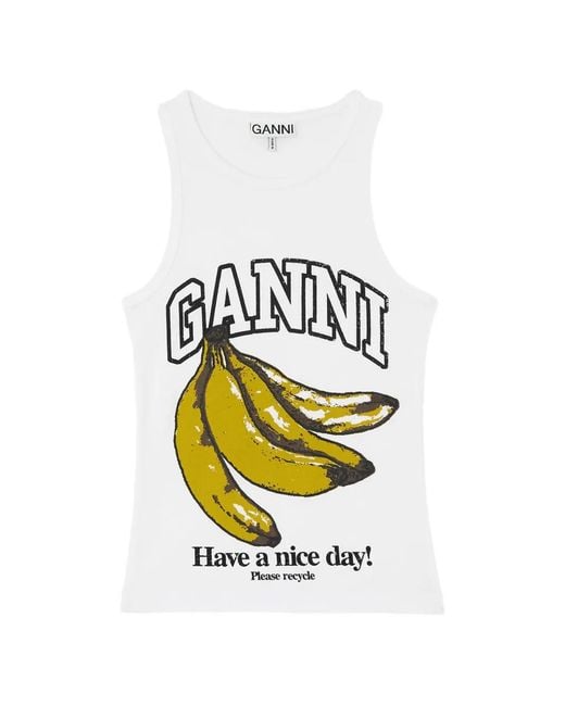 Ganni White Printed Cotton Tank Top