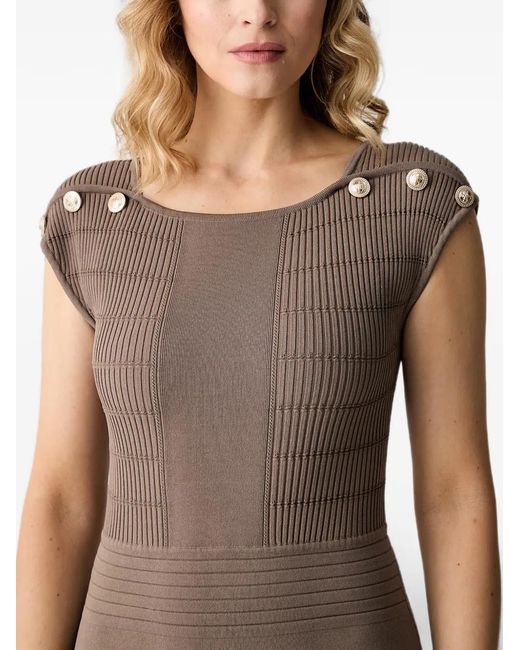 Guess Brown Button-Detail Ribbed-Knit Mini Dress