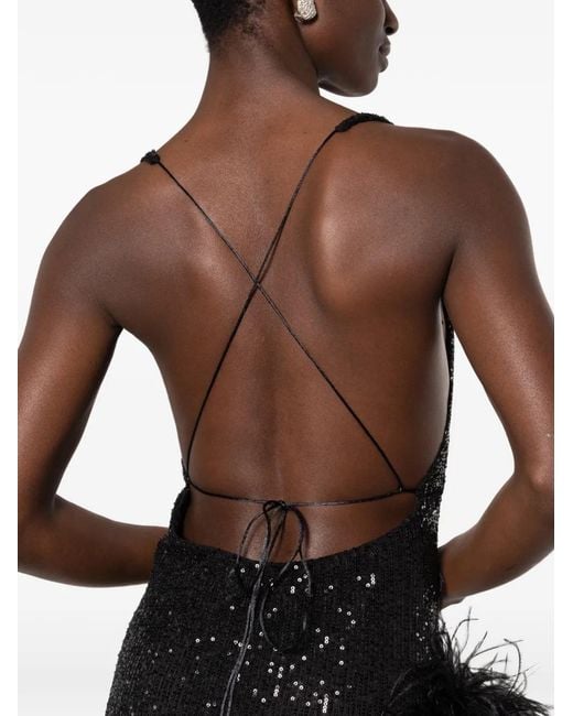 Atu Body Couture Black Feather-Trimmed Sequined Maxi Dress