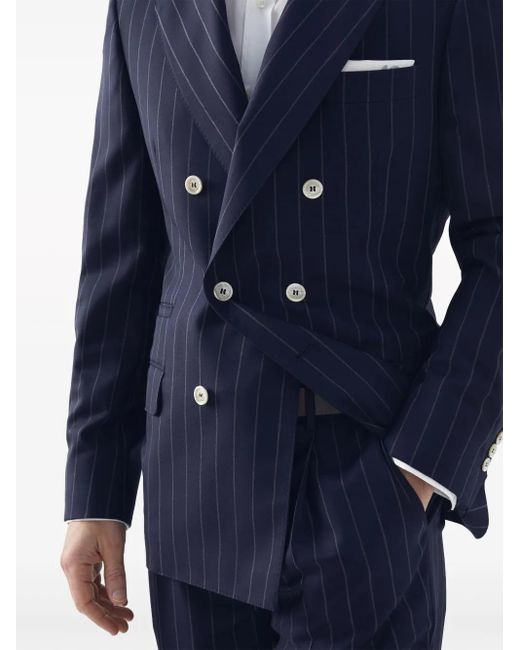 Brunello Cucinelli Blue Pinstripe-Print Double-Breasted Blazer for men
