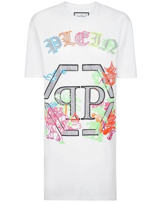 Philipp Plein White Logo-Embellished Embroidered T-Shirt Dress
