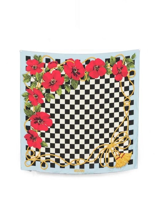 Moschino White Check-Print Floral-Print Scarf