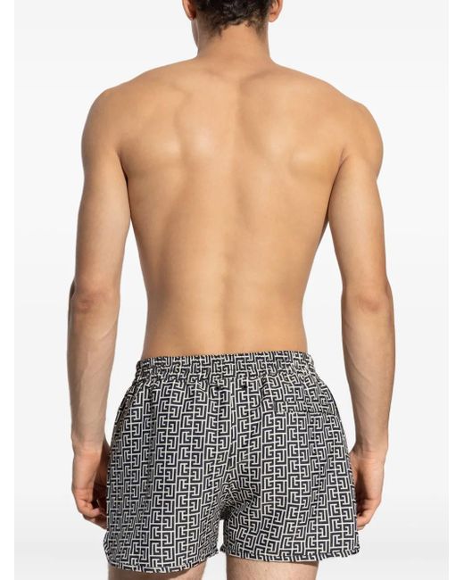 Balmain Gray Geometric-Print Swim Shorts for men