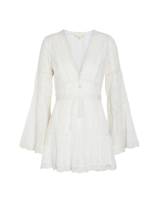 LoveShackFancy White Flared-Sleeve Mini Dress