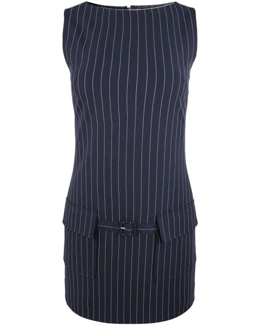 Staud Blue Sheila Pinstripe-print Belted Dress