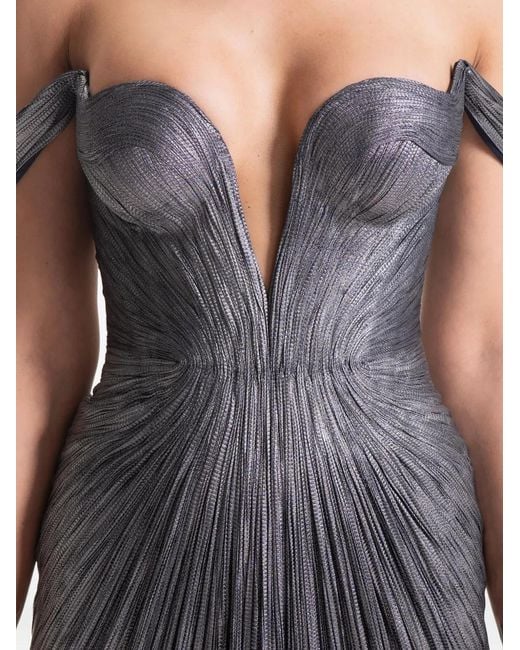 Maria Lucia Hohan Gray Johanna Pleated Off-Shoulder Maxi Dress