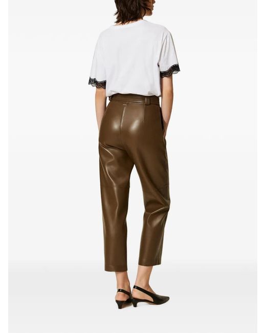 Twinset Brown Faux-Leather Trousers With Belt