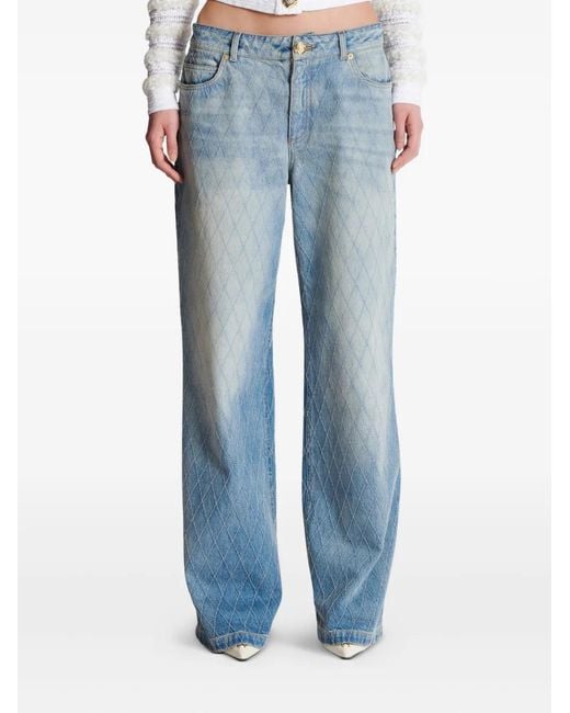 Balmain Blue Diamond-Stitched Denim Jeans