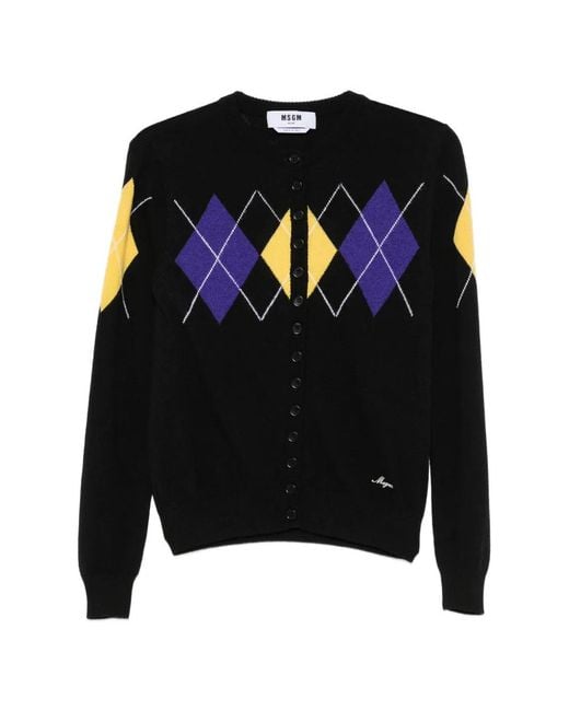 MSGM Black Argyle-Intarsia Button-Up Cardigan