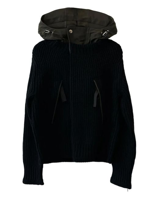 Sacai Black Hooded Ribbed Knit Jacket for men