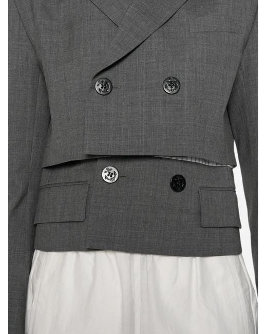 Sacai Gray Double-Breasted Layered Crop Blazer
