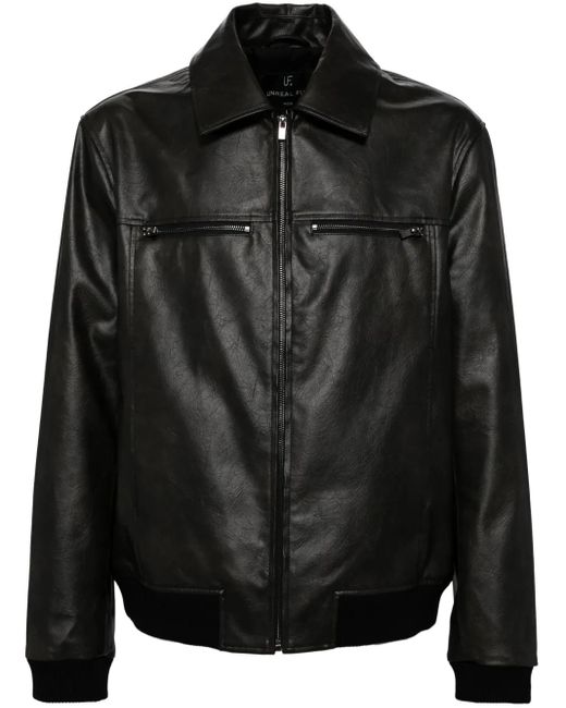Unreal Fur Black Faux Leather Crinkled Bomber Jacket for men
