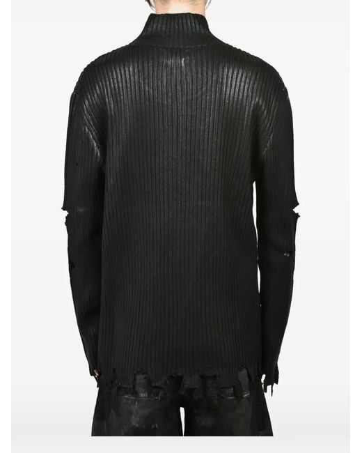 FILTH Black Waxed Distressed-Knit Cardigan for men