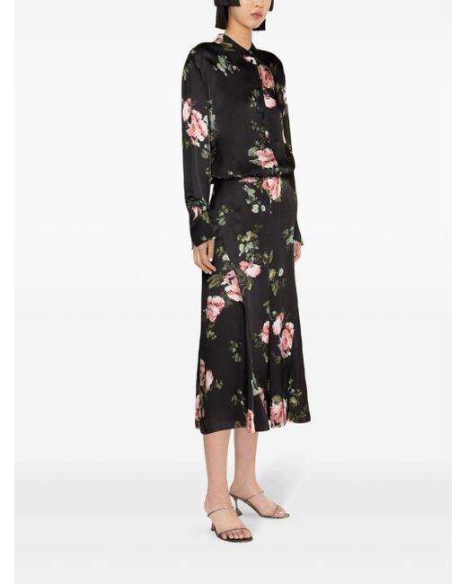 Erdem Black Floral-print A-line Midi Skirt