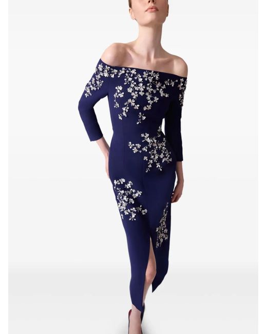 Abito Midi Con Ricamo A Fiori di Carolina Herrera in Blue