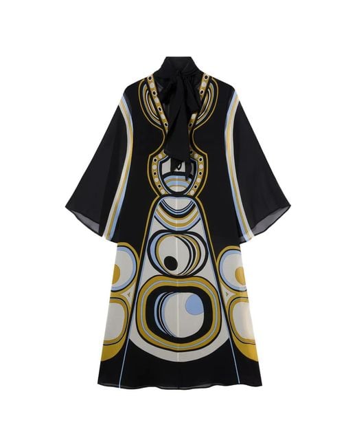 LaDoubleJ Black Geometric-Print Pussy-Bow Midi Dress