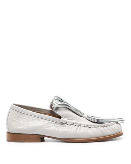 Dries Van Noten White Folded-fringes Leather Loafers