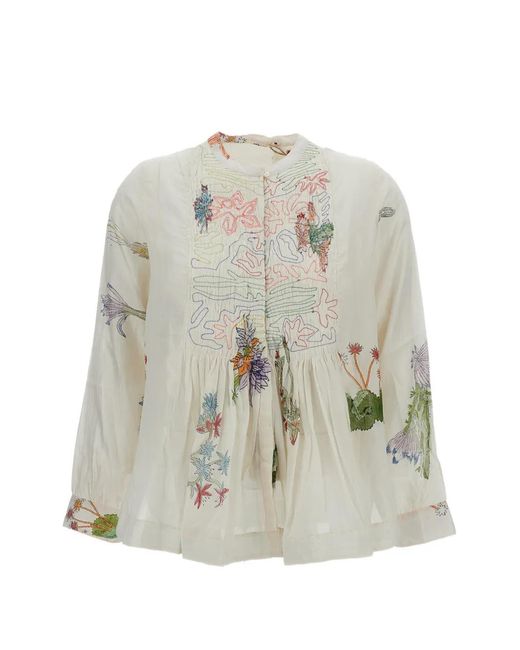Injiri White Floral-Print Embroidered Shirt