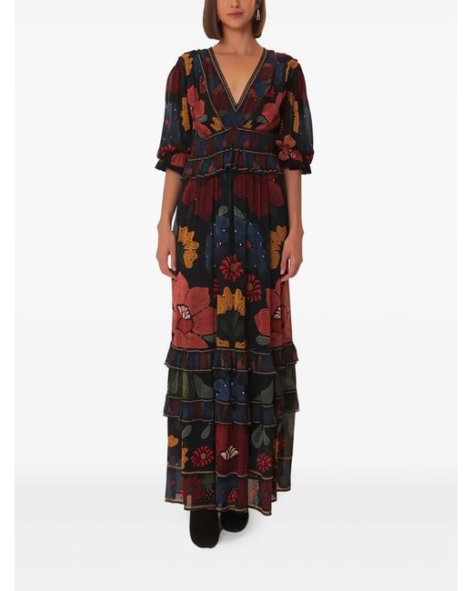 Farm Rio Black Floral Tiered Maxi Dress