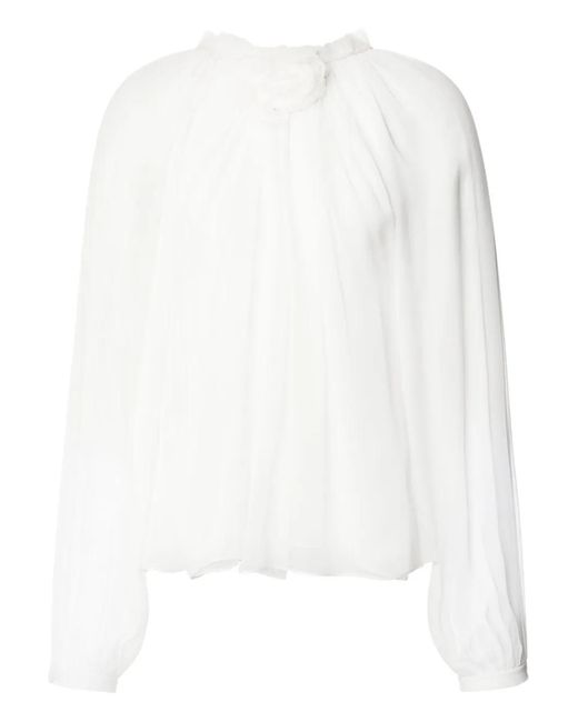 Alberta Ferretti White Sheer Silk Blouse With Floral Embellishment