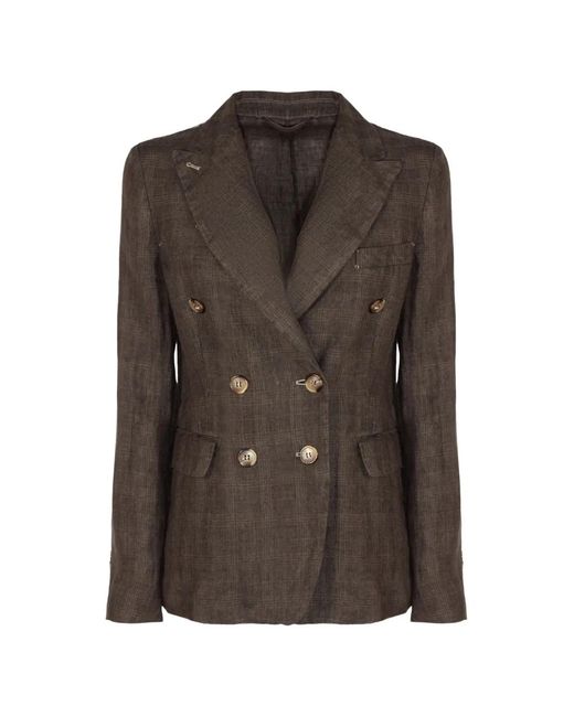 Kiltie Brown Double-Breasted Checked-Pattern Blazer