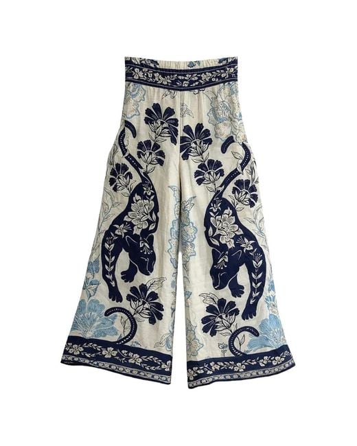PAHIESA FORMENTERA Blue Cheetah-Print Flared Trousers