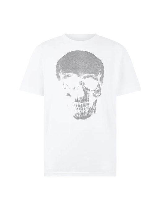 Philipp Plein White Round Neck T-Shirt Glitter Skull for men