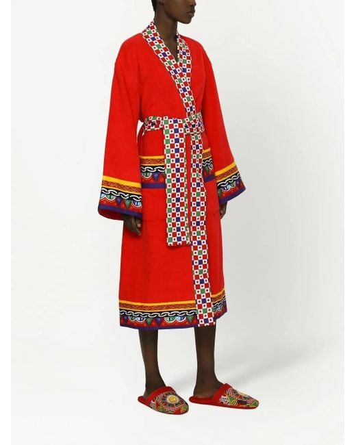 Dolce & Gabbana Red Carretto Siciliano-Print Terry Slippers