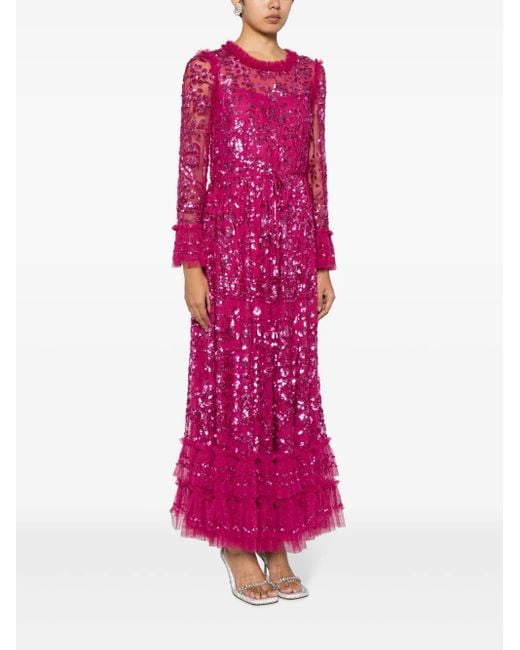 Needle & Thread Purple Sequinned Ruffled Maxi Dress