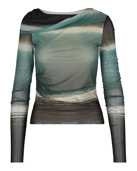 Patrizia Pepe Green Seascape-Print Mesh T-Shirt