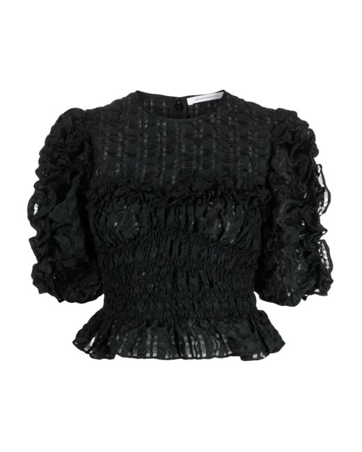 CECILIE BAHNSEN Black Ruffled-Detail Organza Top