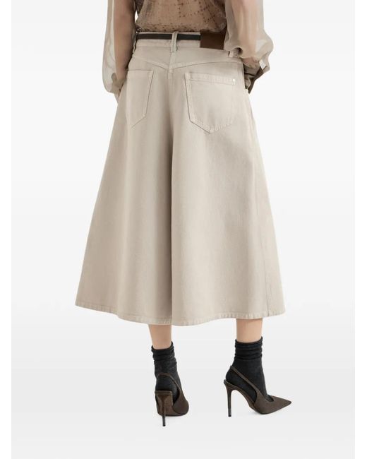 Brunello Cucinelli White Dyed Denim Wide Cropped Trousers With Monili
