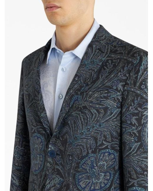 Etro Blue Single-Breasted Floral-Print Jacket for men