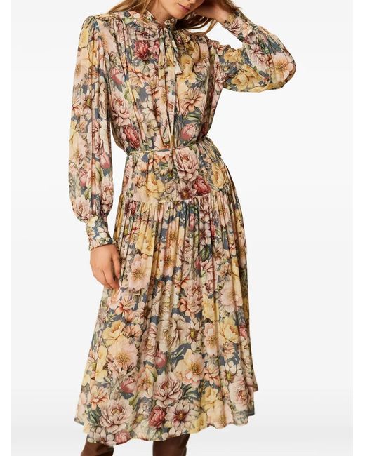 Twinset White Long Crépon Floral Dress