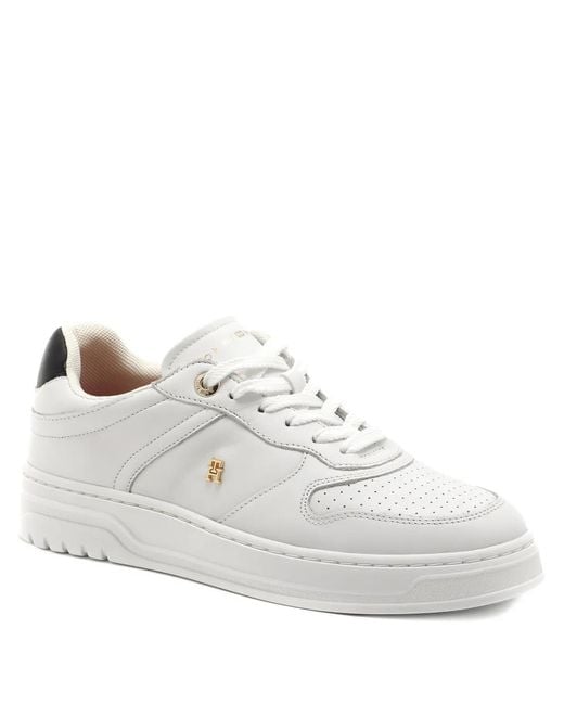 Tommy Hilfiger White Perforated-Detail Logo-Plaque Sneakers