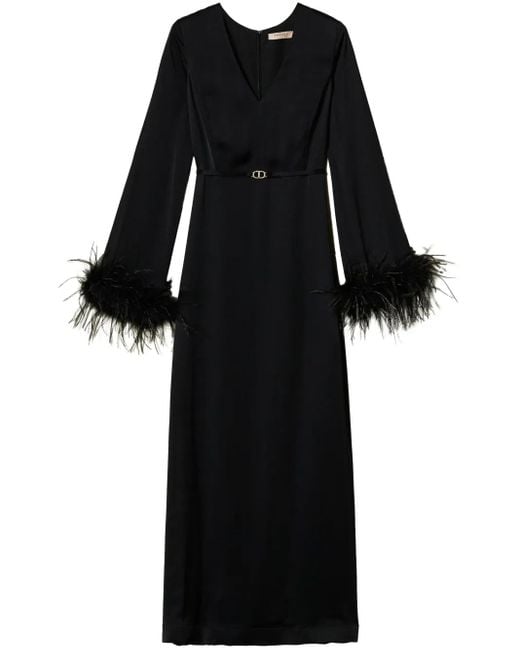Twinset Black Feather-Detail Satin-Finish Maxi Dress