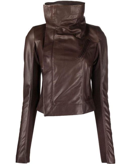 Rick Owens Funnelneck Leather Jacket in Brown Lyst