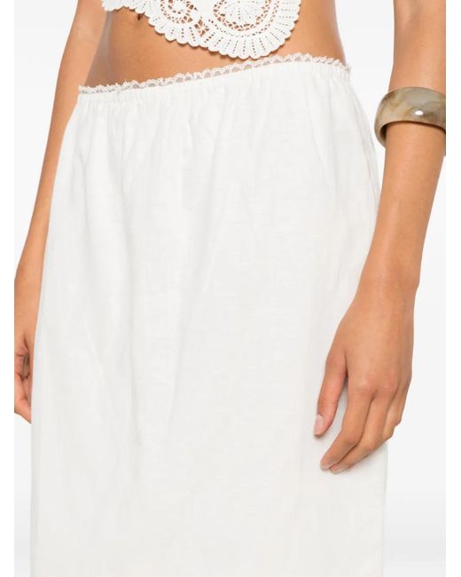 Posse White Darya Lace-Trim Linen Midi Skirt