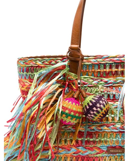 Aquazzura Brown Trancoso Fringe-Trimmed Woven Tote Bag