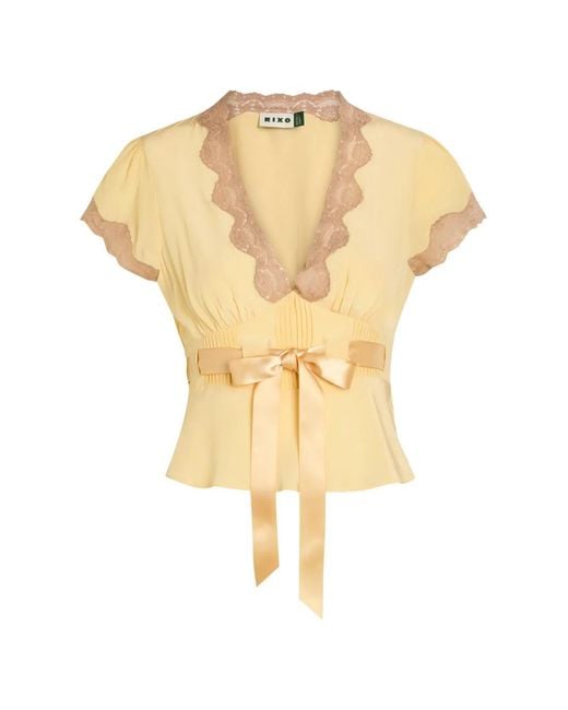Rixo Yellow Daniela Lace-Trim Bow-Detail Blouse