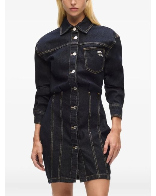 Karl Lagerfeld Blue Logo-Patch Denim Shirt Dress