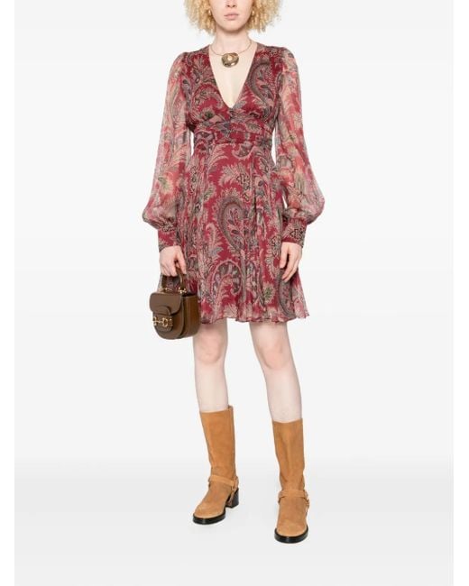 Etro Red Paisley-Print V-Neck Mini Dress