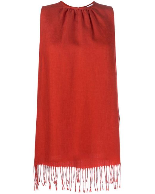 Max Mara Red Fringed Ruched Linen Blouse