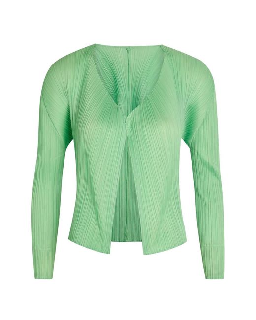Issey Miyake Green Pleated V-Neck Cardigan