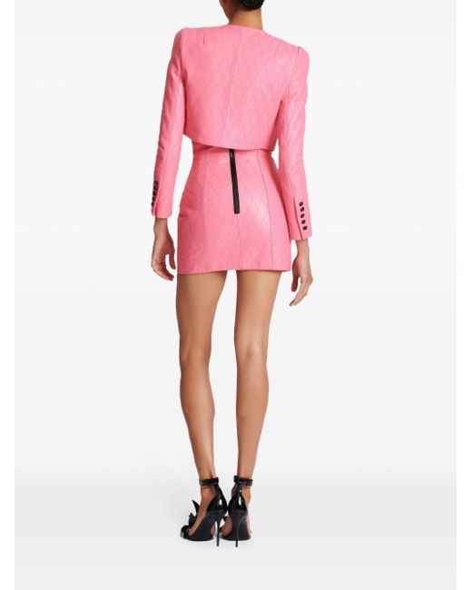 Balmain Pink Diamond-quilted Cropped Leather Jacket