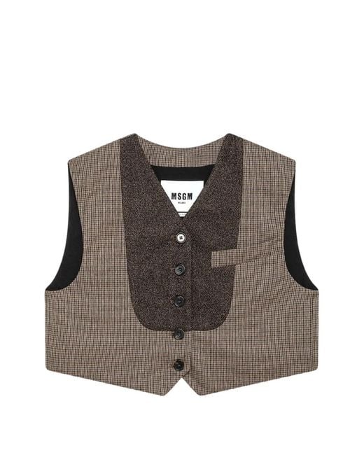 MSGM Brown Check-Pattern Cropped Waistcoat