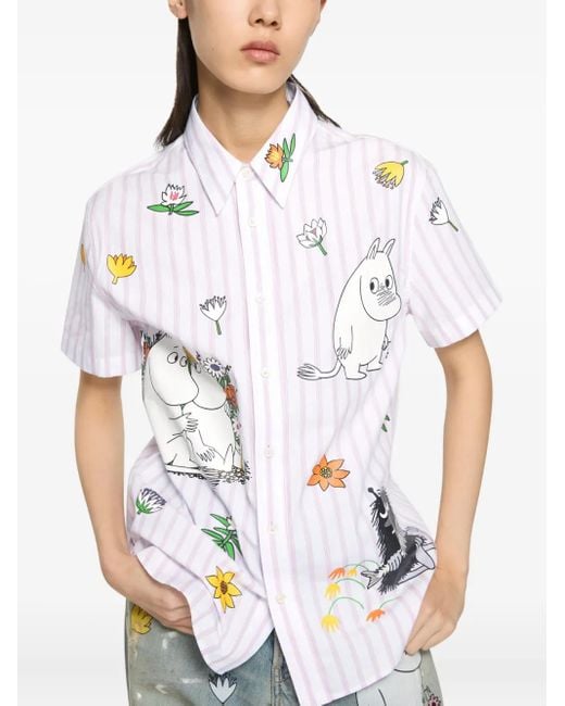 Acne White Gestreiftes Hemd Mit Grafischem Print